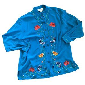 Vintage Diane Von Furstenberg 100% Silk Floral Embroidered Blouse